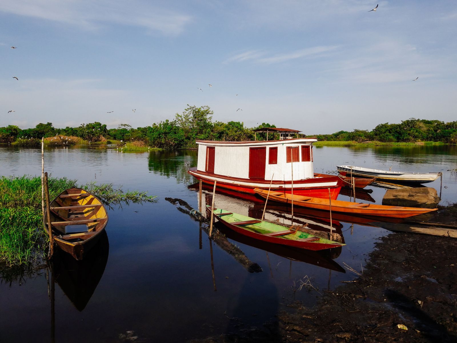 Colorful boats moored on the Amazon at Anori, Brazil
